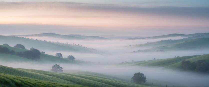 Serene Morning Landscape with Rolling Hills and Mist Shrouded in Soft Light at Dawn in a Peaceful Natural Setting photo