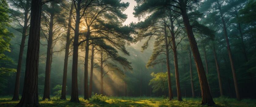 Majestic Forest Scene with Sunlight Streaming Through Tall Trees and A Lush Green Understory in the Heart of Nature photo