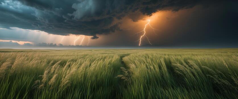 Dramatic Thunderstorm Over Golden Wheat Field with Striking Lightning in Dark Clouds and Serene Landscape photo