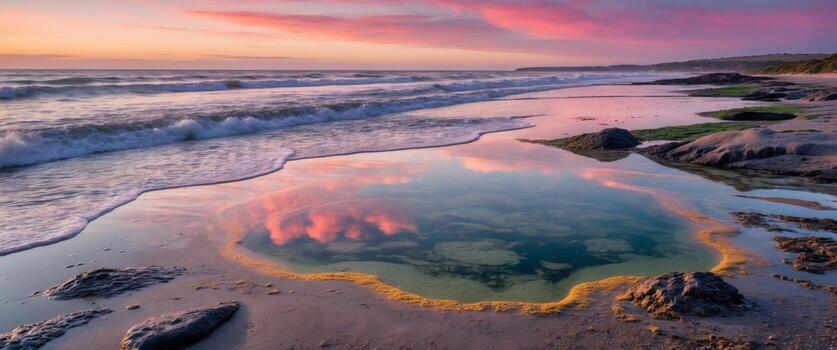 Serene Beach at Sunset with Vibrant Colors Reflected in Tide Pool and Gentle Waves Lapping on Rocky Shoreline photo