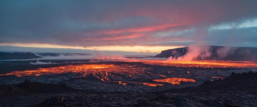 Breathtaking Landscape of Active Volcano with Lava Flow and Dramatic Sky at Sunset in Remote Wilderness Area photo