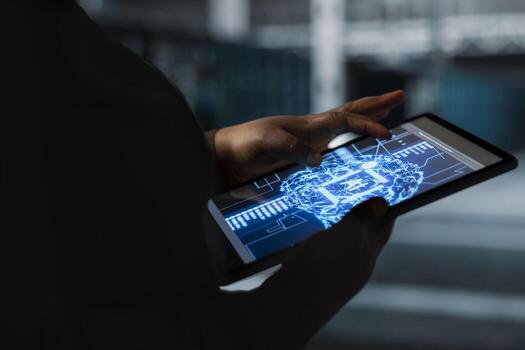 Closeup of computer scientist using AI in data center to track metrics of gear used to host websites. Server hub worker uses machine learning to upgrade rigs running companies databases photo