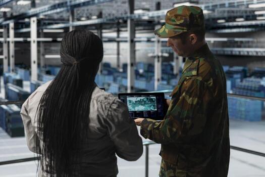 IT specialist briefing commander in army server hub using tactical interface on notebook. Military officer in data center and engineer monitoring warfare drone telemetry on laptop photo
