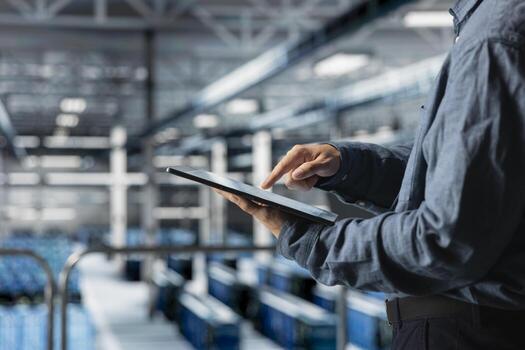 Close up of tablet used by data center technician to manage software updates for system stability. Server room IT expert optimizing performance with device, configuring infrastructure photo