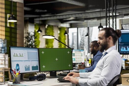 Male office assistant checking insights next to copy space display, working on report writing and finding solutions for global expansion within the business industry. Management. photo