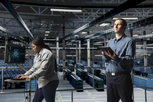 Server farm team of technicians using devices to do infrastructure AI machine learning automatization. Data center programmer and coworker doing maintenance using artificial intelligence photo
