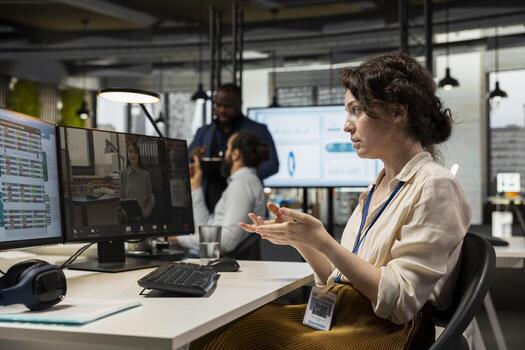 Employee engaging in discussion on call to share finance strategy details, using data analysis to create a briefing for reports. Building an effective partnership via conferencing. photo