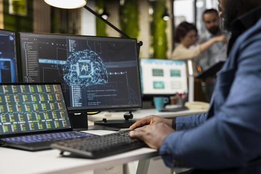 Black professional uses artificial intelligence and machine learning algorithms on analytics platform, optimizing data processing for organizational decision making. IT company. photo