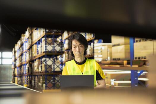 Warehouse employee in workwear preparing packages for local delivery, processing custom orders and handling merchandise within large business operation focused on e-commerce. photo