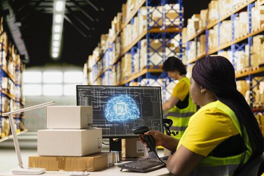Young woman scanning barcodes with AI automation systems to handle warehouse operations, managing tracking software service. Shipment details on labels in busy distribution hub. photo
