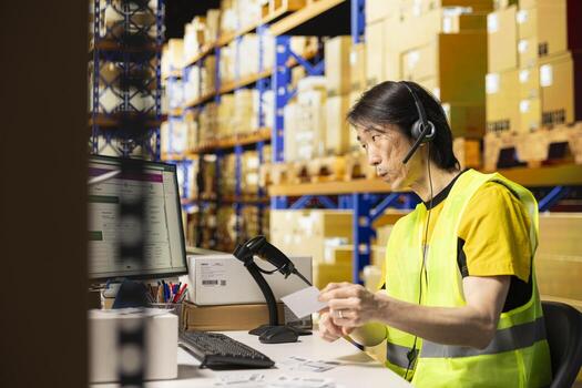 Asian distribution worker answers clients calls in a logistics center, handling issues and requests via customer support. Call center clerk troubleshooting shipment problems and correct errors. photo