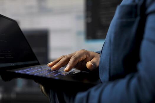 Young science expert evaluating algorithm design and binary code on a terminal window with high tech AI tools. Using programming language for automation and innovation, tech career. photo
