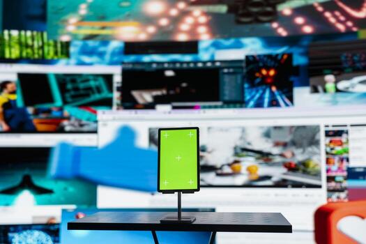 Mockup device and social media feeds mapping global entertainment content sharing. Chroma key tablet and interactive digital interface connect with floating icons highlighting social media engagement photo