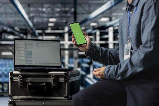 cerca arriba de servidor cubo computadora científico utilizando croma llave móvil teléfono, esperando para código a terminar compilar. datos centrar trabajador comprobación móvil aplicaciones en aislado pantalla teléfono inteligente a relajarse foto