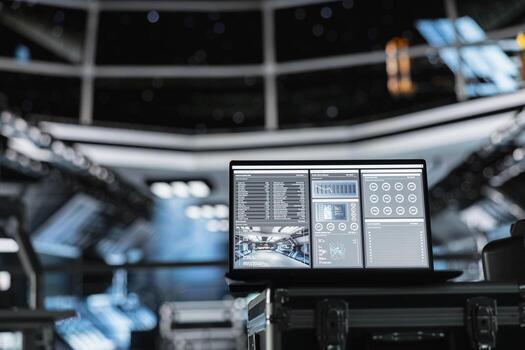 Close up of laptop in spacecraft displaying mission analytics panel with fuel usage, system load and energy efficiency metrics. Notebook screen showing performance indicators for spacecraft resources photo
