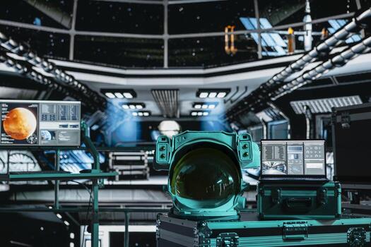 Close up of space helmet next to laptop monitor in spaceship displaying planetary scan of Mars. Notebook display in spacecraft showing red planet surface analytics data during flight photo