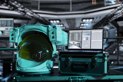 Close up of space helmet next to device in spaceship shuttle displaying detailed scientific research analytics. Astronaut gear next to notebook monitor showing readouts for upcoming orbit flight photo