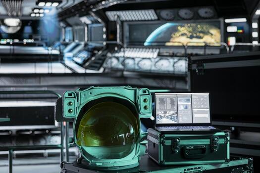 Space helmet next to laptop doing orbit launch systems verification inside futuristic spacecraft. Notebook dashboard diagnostic readouts and crew gear prepared for flight photo