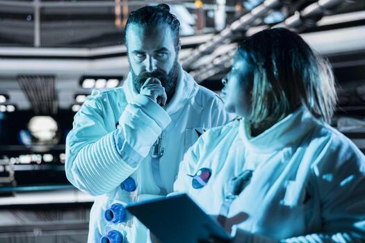 Team of astronauts in starship travelling to space, analyzing mission logs using tablet. Teamworking cosmonauts operating spacecraft control interface using device, verifying navigation coordinates photo