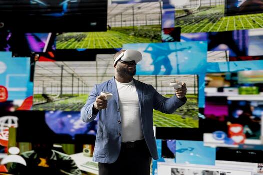 African american media user immersed in visual environment with VR headset, representing communication, e commerce and online entertainment. Social networking powered by digital tools. photo