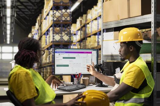 Employees team checking parcel status on a package tracking software, working in industrial depot for import export operations. Workflow involves inventory control and dispatch protocol. photo