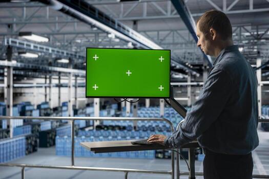 Server hub IT expert uses mockup chroma key computer, implementing efficiency optimizations. Data center admin using green screen PC monitor, implementing efficiency optimizations in across rigs photo