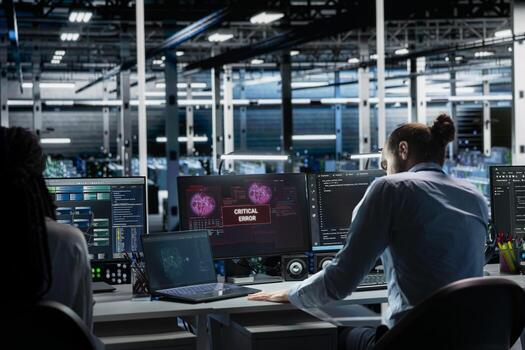 Teamworking data center admins try to fix malfunctions using AI tools. Server farm IT specialists doing brainstorming to optimize system health, repairing critical error with artificial intelligence photo