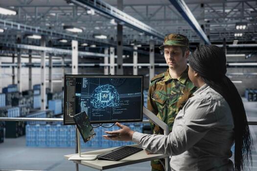 Army tech expert in data center briefing command officer with AI assisted strategic insights. Server farm workers analyzing enemy movement predictions generated by AI systems photo