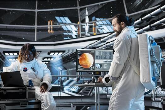 Orbital station coworkers flying to Mars, mapping unknown worlds. Team of astronauts in spaceship exploring Martian planetary surface to evaluate habitability factors and gather data photo