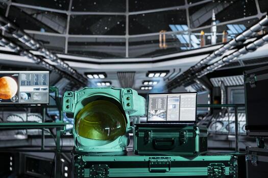 Close up of space helmet next to laptop in spaceship displaying mission analytics panel with flight metrics. Astronaut gear next to notebook screen showing spacecraft performance data photo