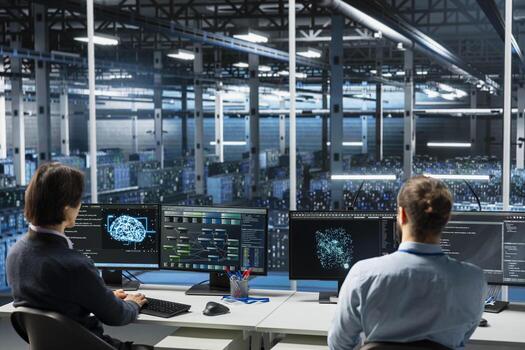 Team of data center technicians adjusting neural networks model parameters to upgrade systems. Server room IT coworkers scheduling deep learning ran maintenance for infrastructure components photo