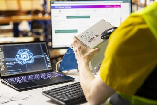 Close up of worker scanning awb labels using virtual help for the package tracking software, streamline inventory management and update order details. AI metaverse. photo