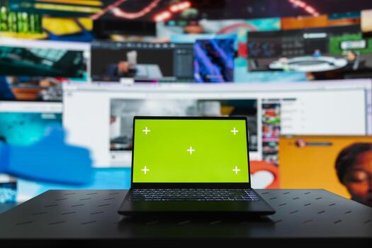 Isolated screen laptop and entertainment streaming windows grid showcasing diverse mixed media. Mockup notebook and platform dashboard, concept of modern internet culture streaming photo