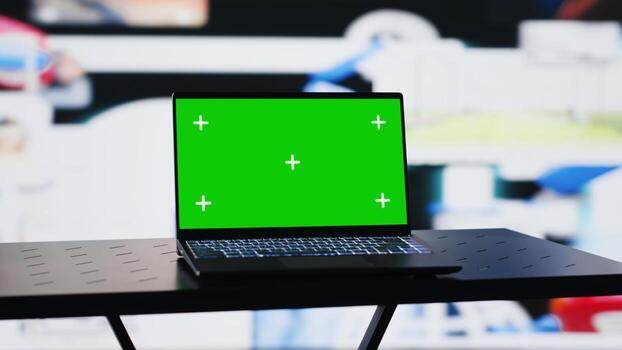 Screen running copy space mockup on laptop next to social network apps, modern web design and user interface for easy online connection. Mobile interaction on media. Camera A. photo