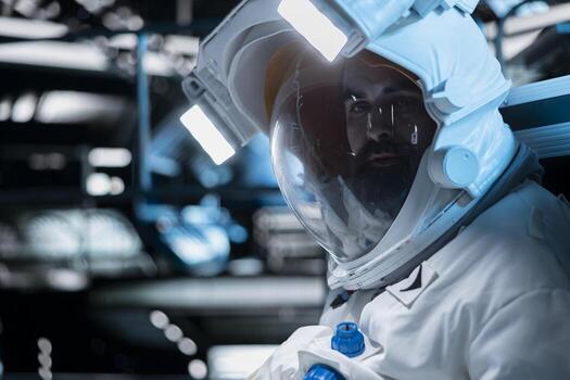 Astronaut wearing spacesuit in spacecraft powered by advanced engineering monitoring mission data. Spaceman wearing equipment helmet prepares for space travel operations, doing galaxy observation photo