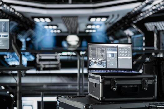 Close up of laptop inside futuristic spaceship control bay displaying diagnostics and mission telemetry. Notebook screen in spacecraft shows performance metrics and onboard system navigation support photo