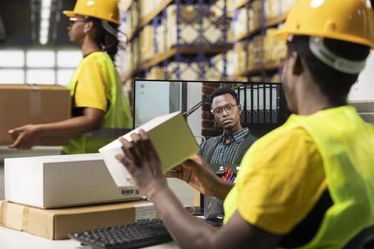 Warehouse clerk meeting on web call with manager on computer, transmitting order shipment details for parcels before distribution. Black man and CEO on remote videoconference. photo