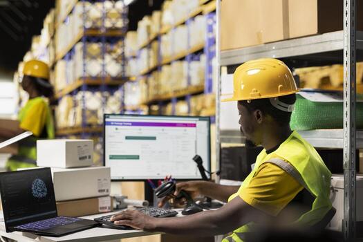 Worker employs advanced AI tools to scan and register barcodes, using artificial intelligence brain automation to fulfill e-commerce retail operations. Deep learning support for tracking software. photo
