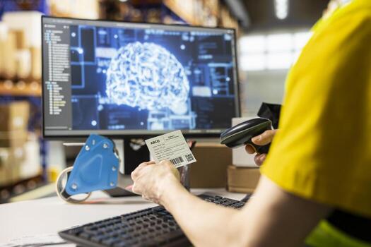 Close up of asian guy scanning shipping labels with AI support brain for the package tracking software, handling online shopping orders with neural networks automation in warehouse. photo