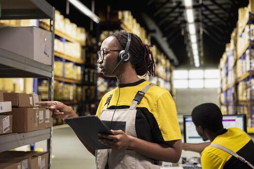 Call center female worker answers help line call in a logistics warehouse, updating clients on orders and resolving cargo mix ups. Managing inventory control in order to fix barcode issues. photo