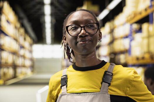 Focused warehouse clerk looking around the storage racks for inventory verification, ensuring boxes have shipping labels and tracking numbers before shipment. Industrial depot protocol. photo