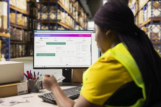 Warehouse clerk verifying the airway bill numbers for the tracking software, ensuring a seamless express delivery and order tracking on computer. Woman handling the shipping labels. photo