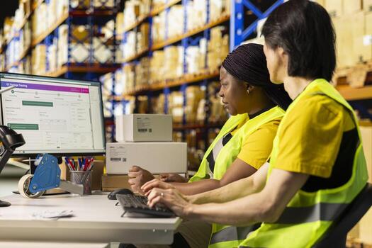 E commerce fulfillment center team work on shipment tracking with an online shopping software, typing numbers from awb shipping labels in order to ensure express delivery in warehouse. photo