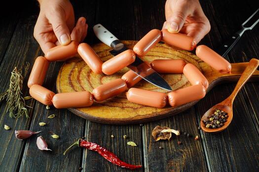 Hands are arranging sausages in a chain-like pattern on a wooden cutting board. A knife and various spices are visible, creating a cozy cooking atmosphere photo