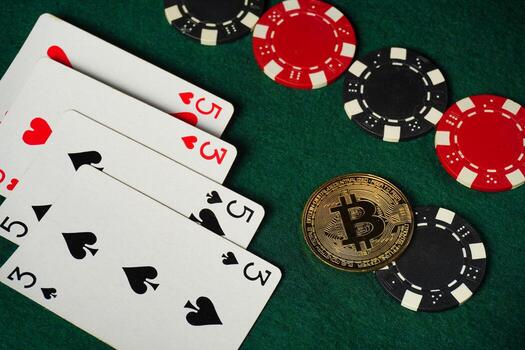 Playing cards and poker chips are arranged on a green felt table, showcasing a poker game environment alongside a shiny cryptocurrency token photo