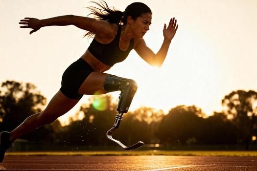 A woman with a prosthetic leg running on a track photo