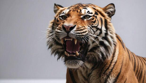 A fierce Bengal tiger with an open mouth, showcasing its sharp teeth and striking fur patterns. photo