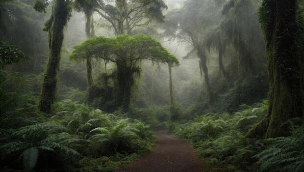 A serene, misty forest path veiled in lush greenery, creating an ethereal and tranquil atmosphere. photo