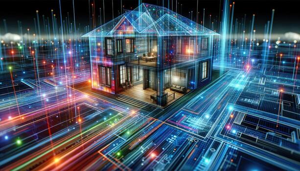 A futuristic digital representation of a smart home with glowing lines and data streams surrounding it. photo