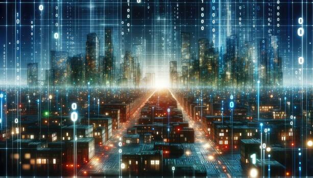 Futuristic digital cityscape illuminated by binary code, blending technology and urban life seamlessly. photo